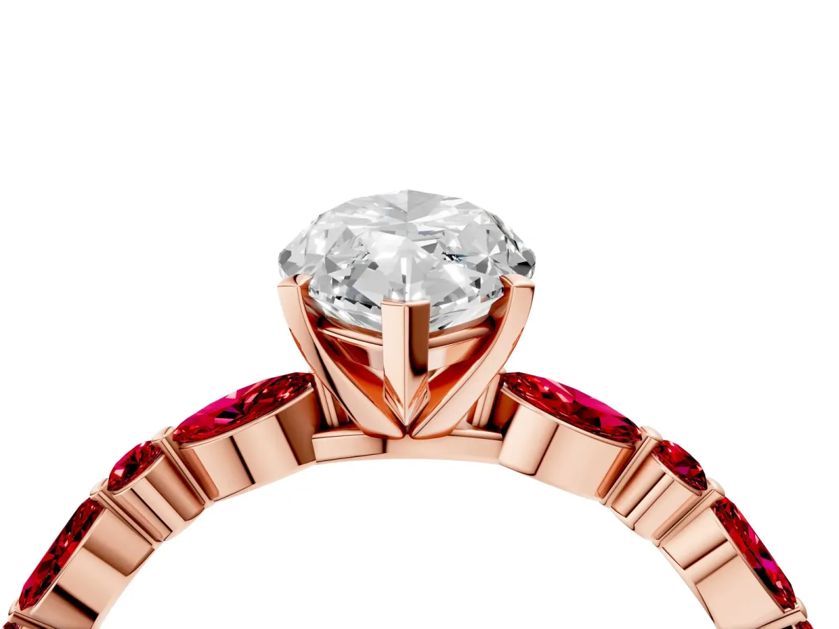 Marquise Cut Diamond Ring with Marquise and Round Ruby Side Stones and Four-Prong Setting Rose gold