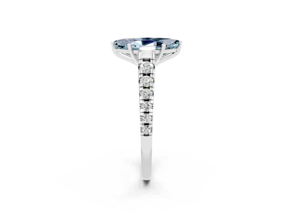 Marquise Cut Aquamarine Cathedral Solitaire Ring with Round Pavé Band Silver