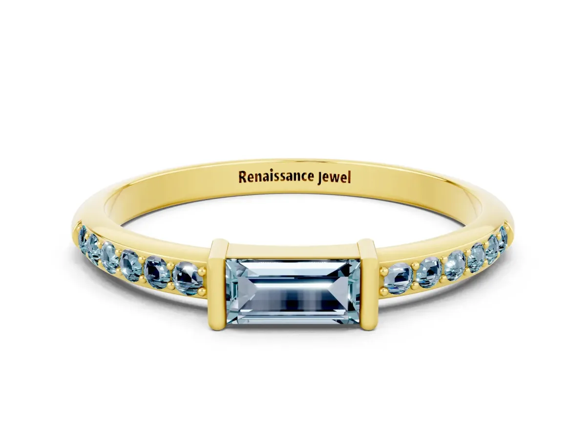 Baguette Aquamarine Pavé Band with Bar Setting Yellow gold