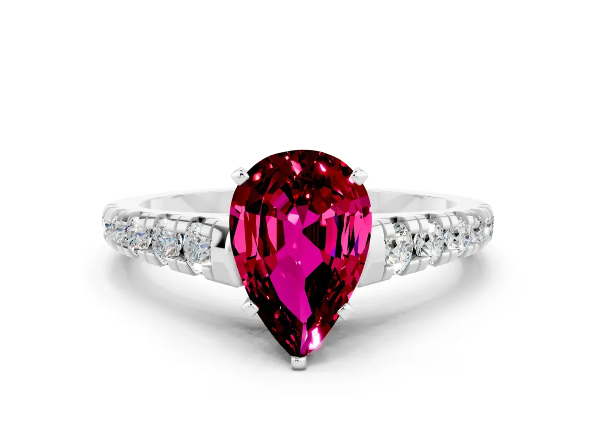 Pear Cut Garnet Cathedral Solitaire Ring with Round Pavé Band Platinum