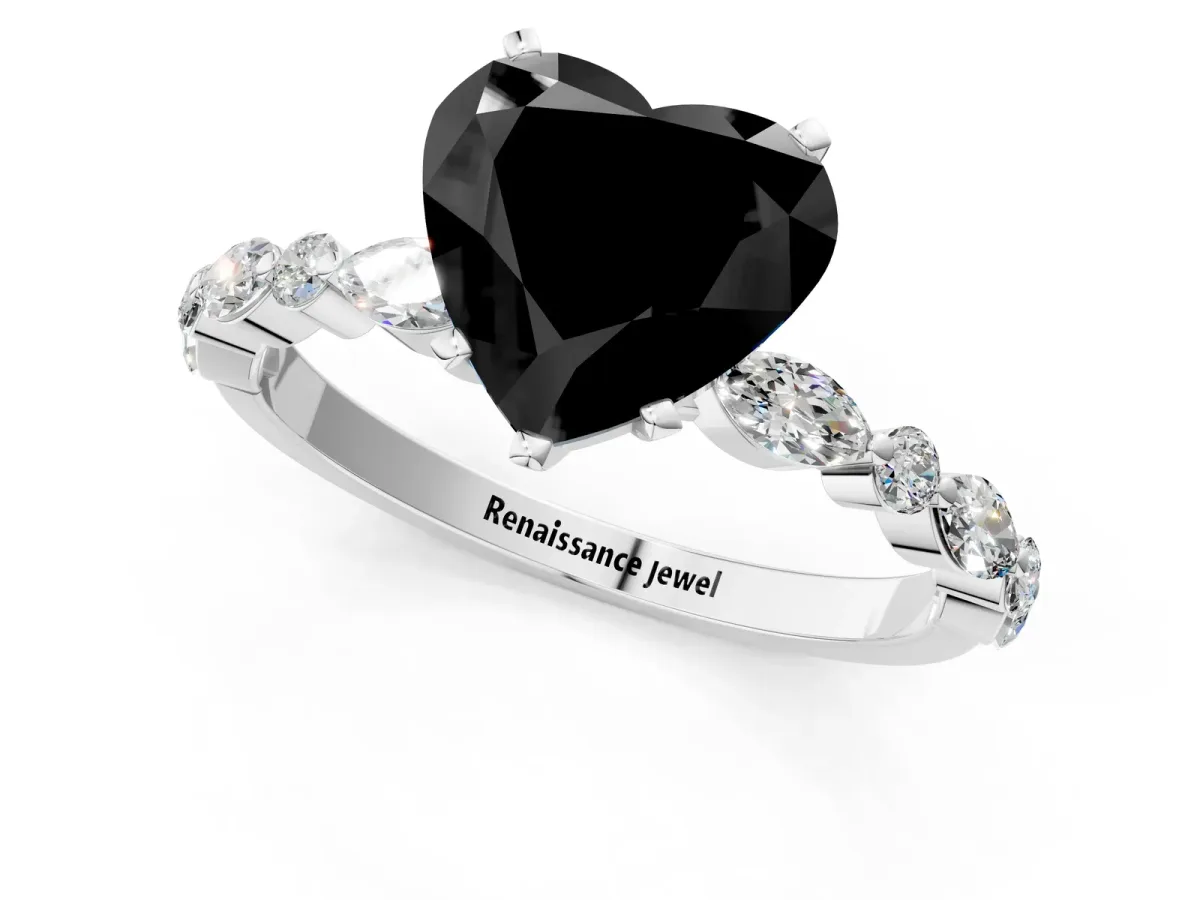 Fancy Black Heart Cut Diamond Ring with Marquise and Round Side Stones and Four-Prong Setting Silver