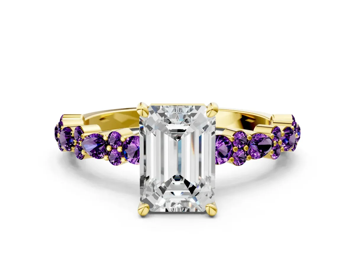 Emerald Cut Diamond Side Stone Solitaire Ring with Round Amethyst and Four-Prong Setting Yellow gold