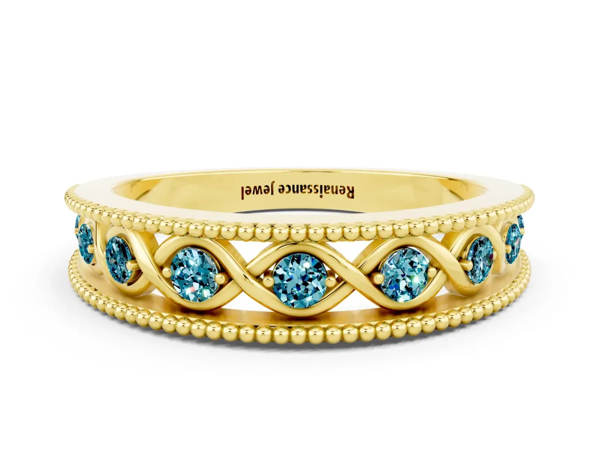 Round Blue Topaz Twist Milgrain Band with Bezel Setting Yellow gold