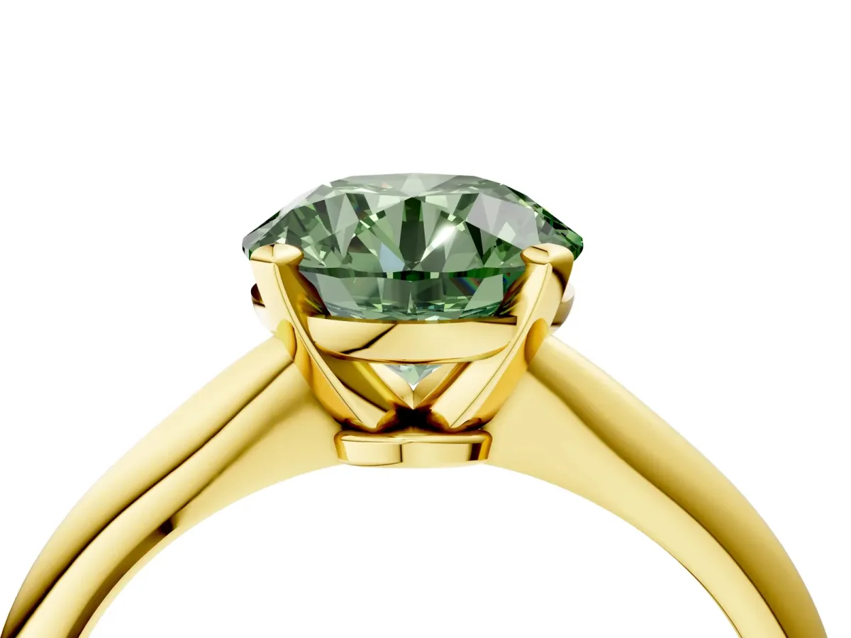 Fancy Green Round Cut Diamond Solitaire Engagement Ring with Classic Band and Four-Prong Setting Yellow gold
