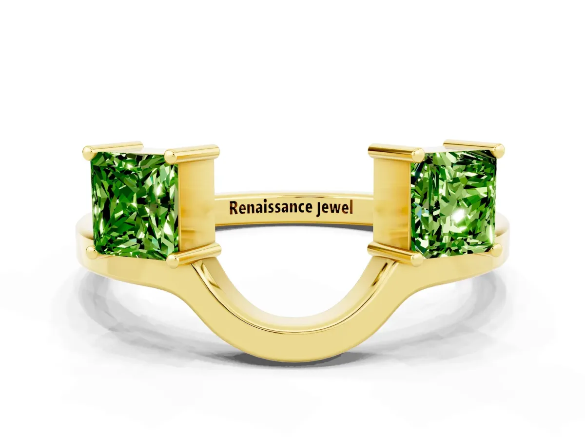 Princess Cut Peridot Two-Stone Open Band Ring with Four-Prong Setting Yellow gold
