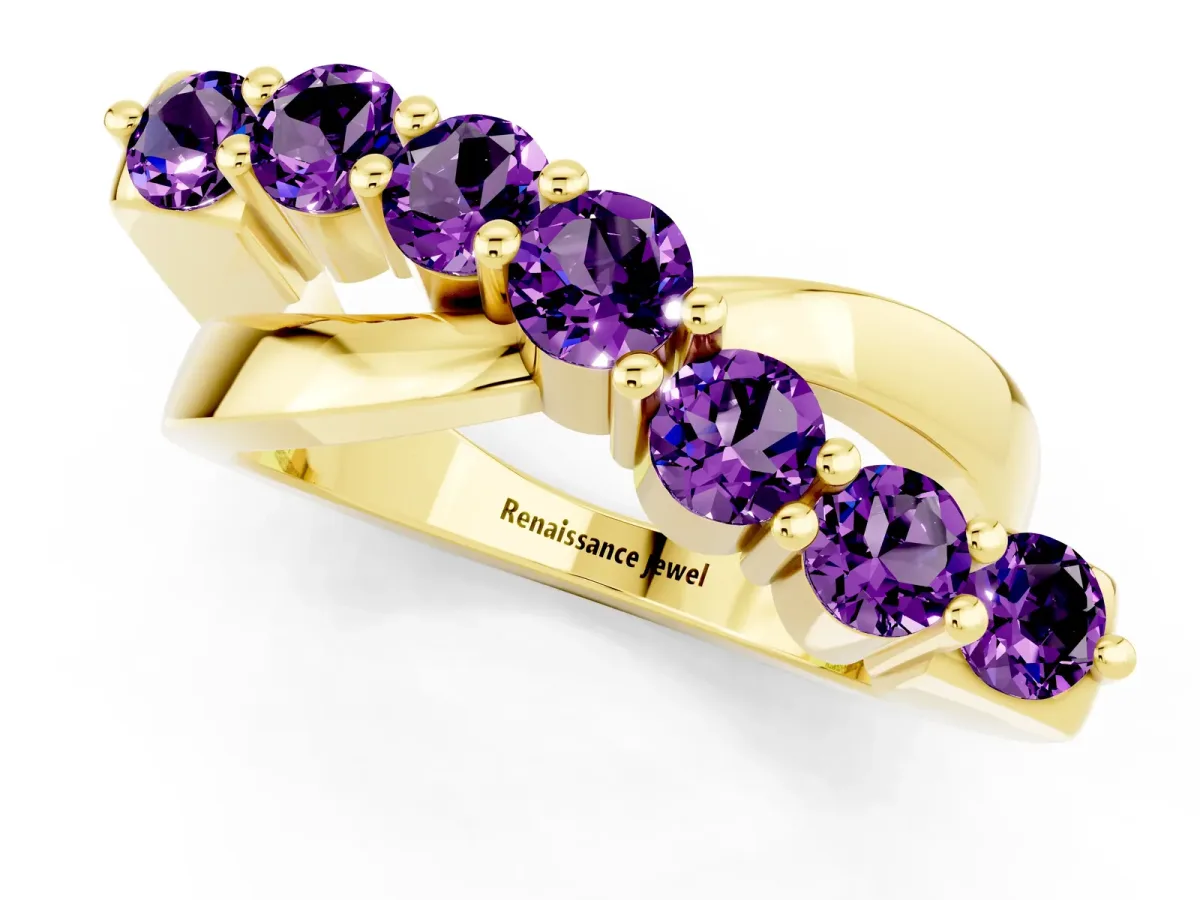 Round Amethyst Prong-Set Crossover Band Yellow gold
