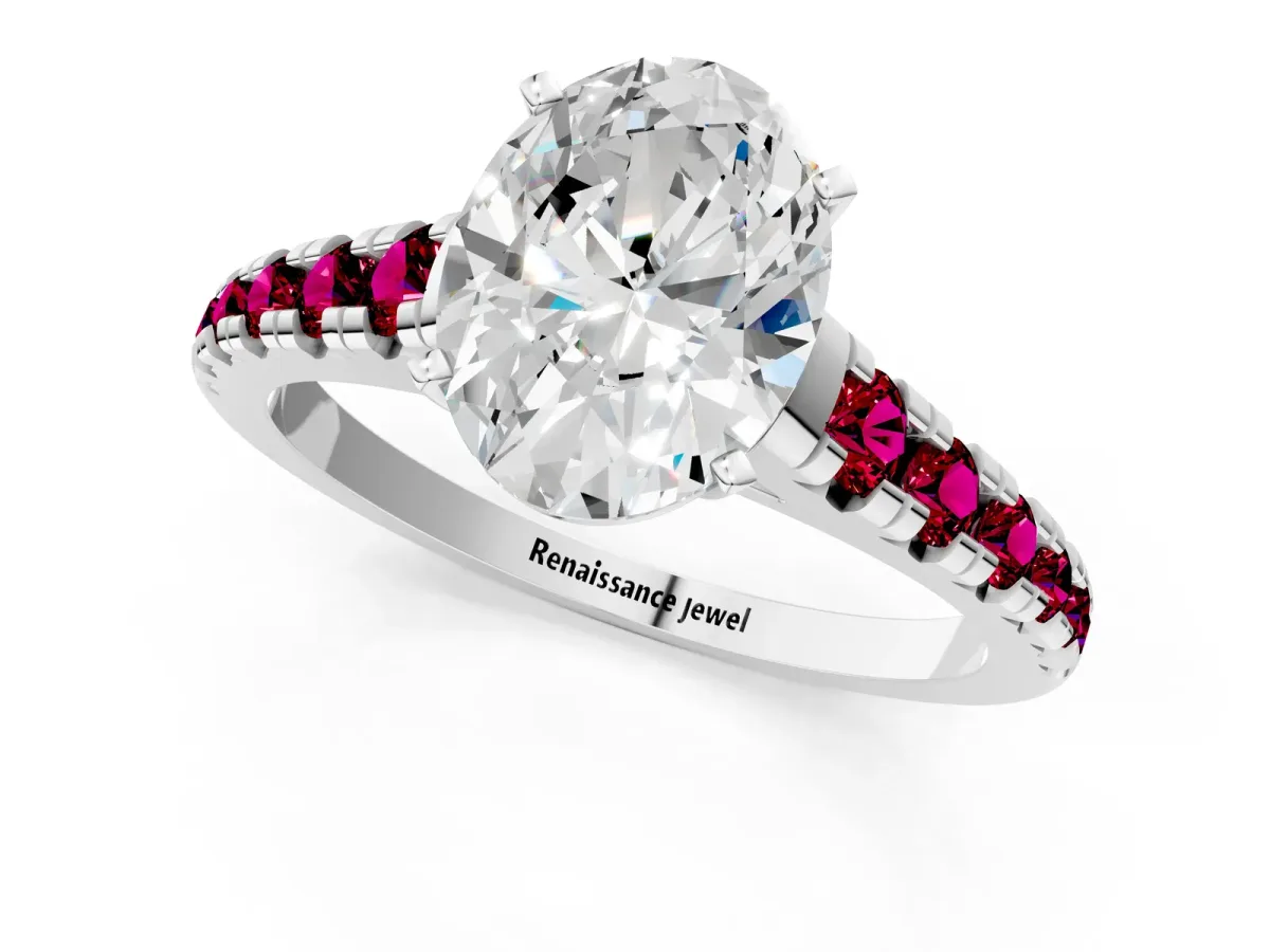 Oval Cut Diamond Cathedral Solitaire Ring with Round Garnet Pavé Band Platinum