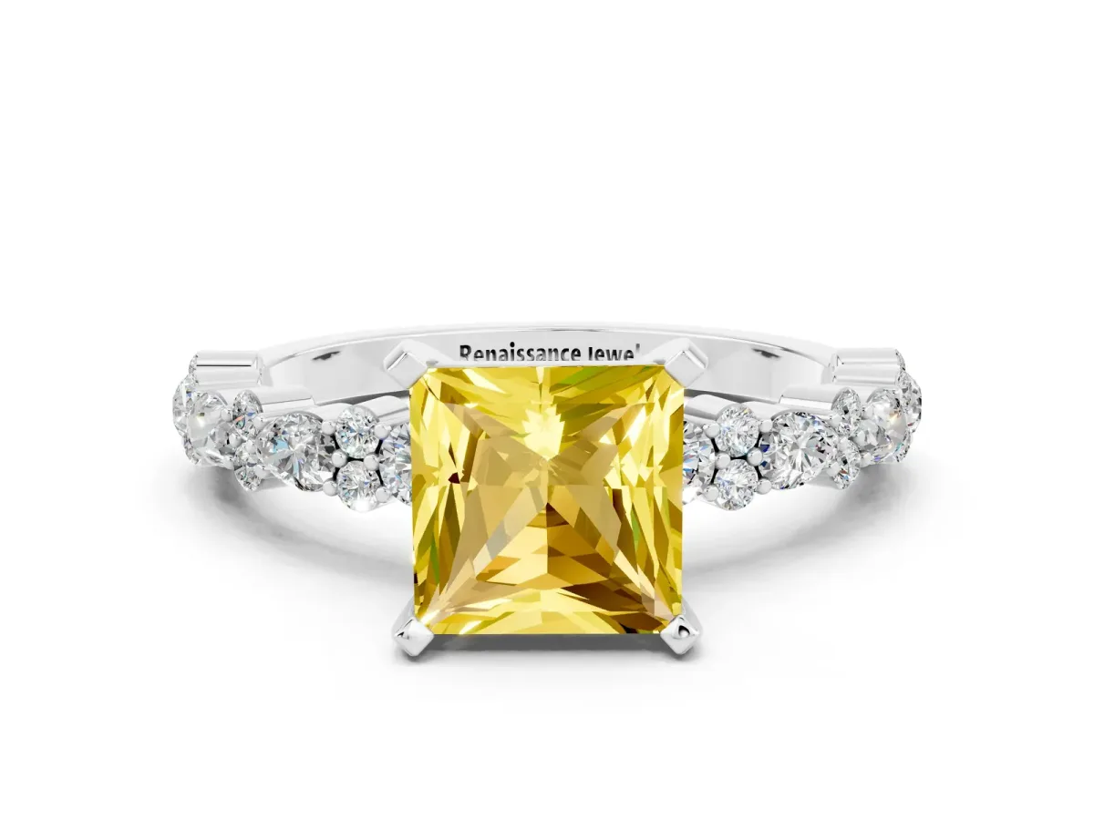 Princess Cut Yellow Sapphire Side Stone Solitaire Ring with Round and Four-Prong Setting Silver