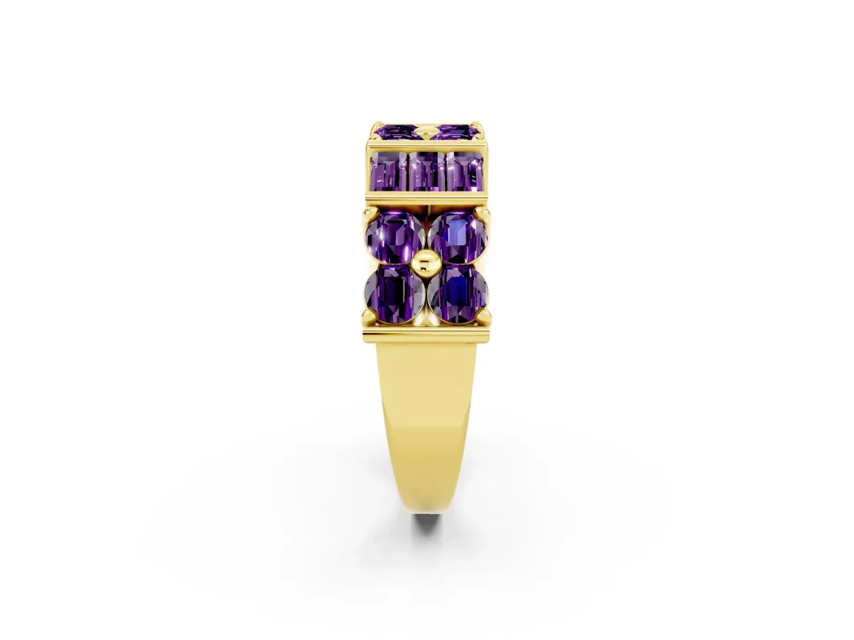 Channel Set Round and Baguette Amethyst Anniversary Band with Prong Setting Yellow gold