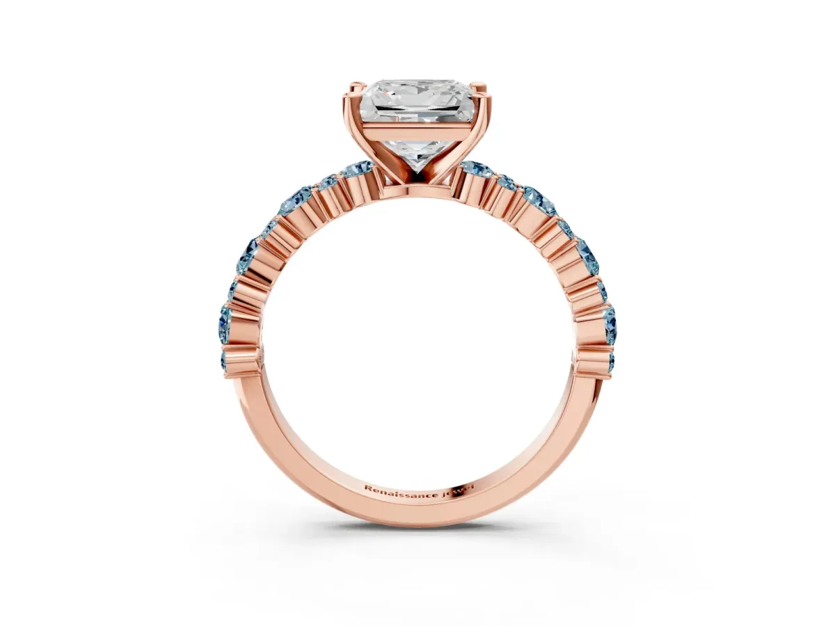 Princess Cut Diamond Side Stone Solitaire Ring with Round Aquamarine and Four-Prong Setting Rose gold