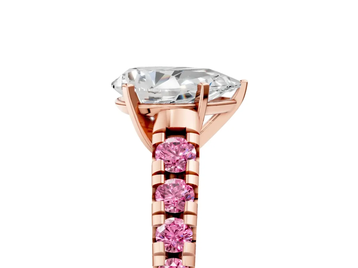 Pear Cut Diamond Cathedral Solitaire Ring with Round Pink Sapphire Pavé Band Rose gold