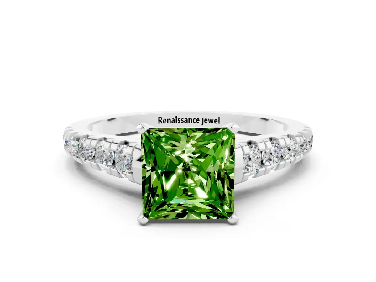 Princess Cut Peridot Cathedral Solitaire Ring with Round Pavé Band White gold