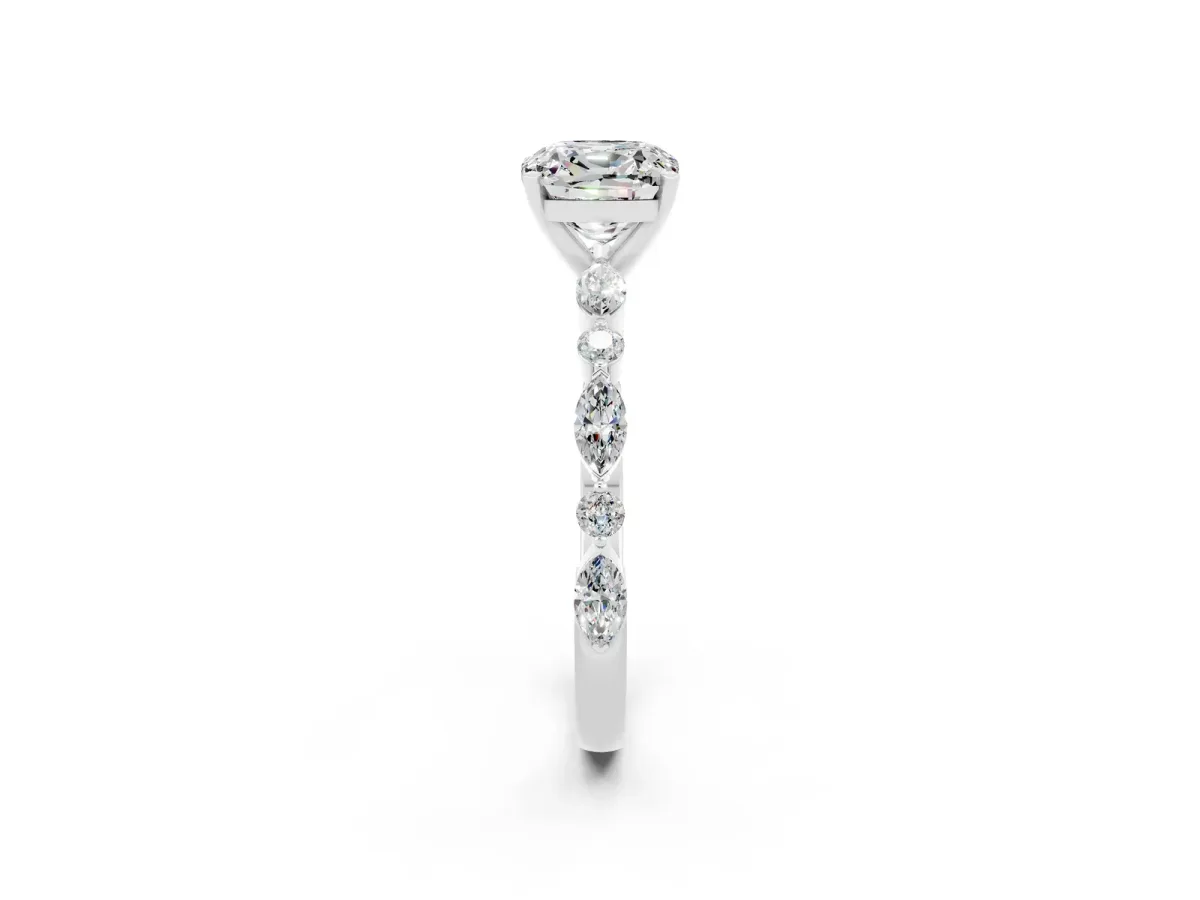 Cushion Cut Moissanite Ring with Marquise and Round Side Stones and Four-Prong Setting Silver