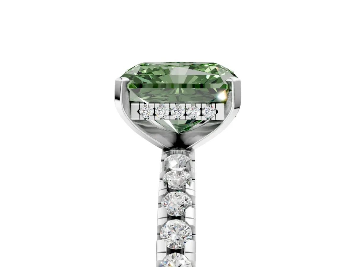 Fancy Green Radiant Cut Diamond Solitaire Ring with Round Pavé Band and Four-Prong Setting Silver