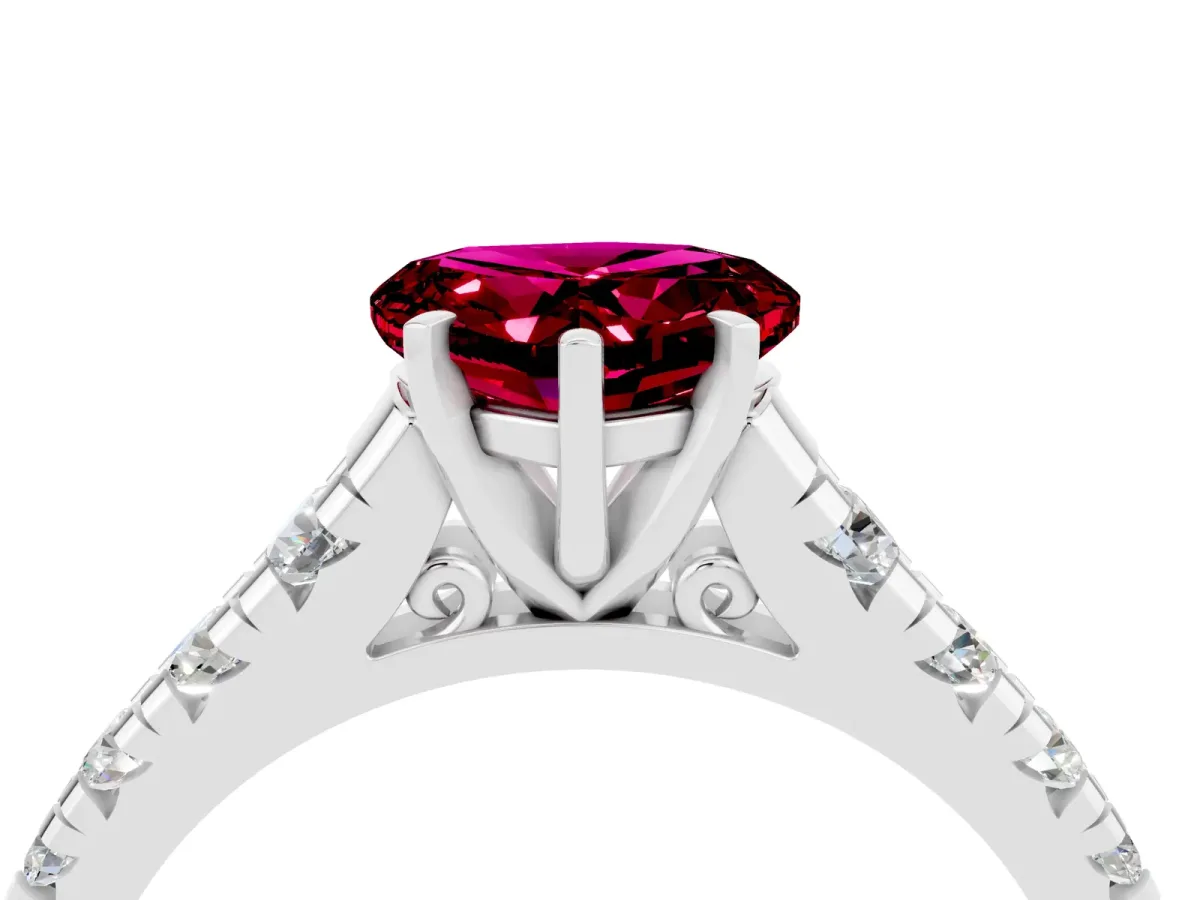 Heart Cut Garnet Cathedral Solitaire Ring with Round Pavé Band Silver
