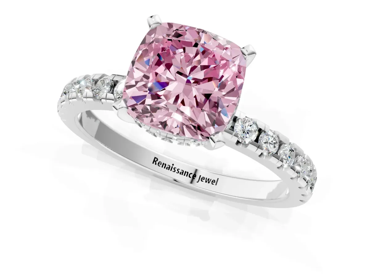 Fancy Pink Cushion Cut Diamond Solitaire Ring with Round Pavé Band and Four-Prong Setting Platinum