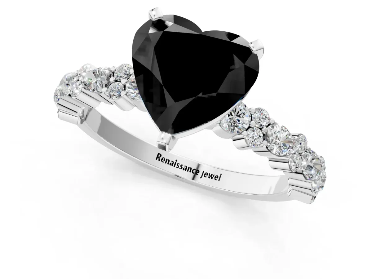 Fancy Black Heart Cut Diamond Side Stone Solitaire Ring with Round and Four-Prong Setting Platinum