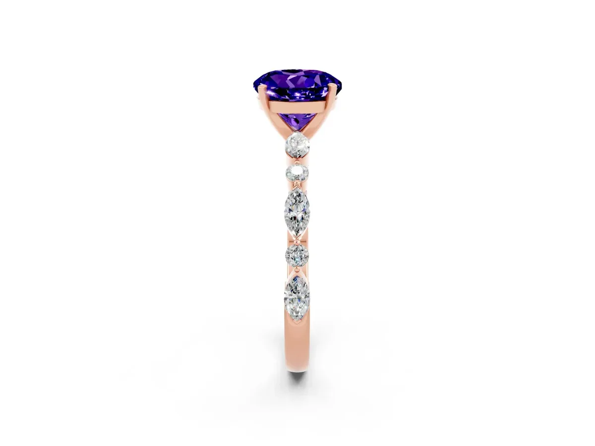 Round Cut Tanzanite Ring with Marquise and Round Side Stones and Four-Prong Setting Rose gold