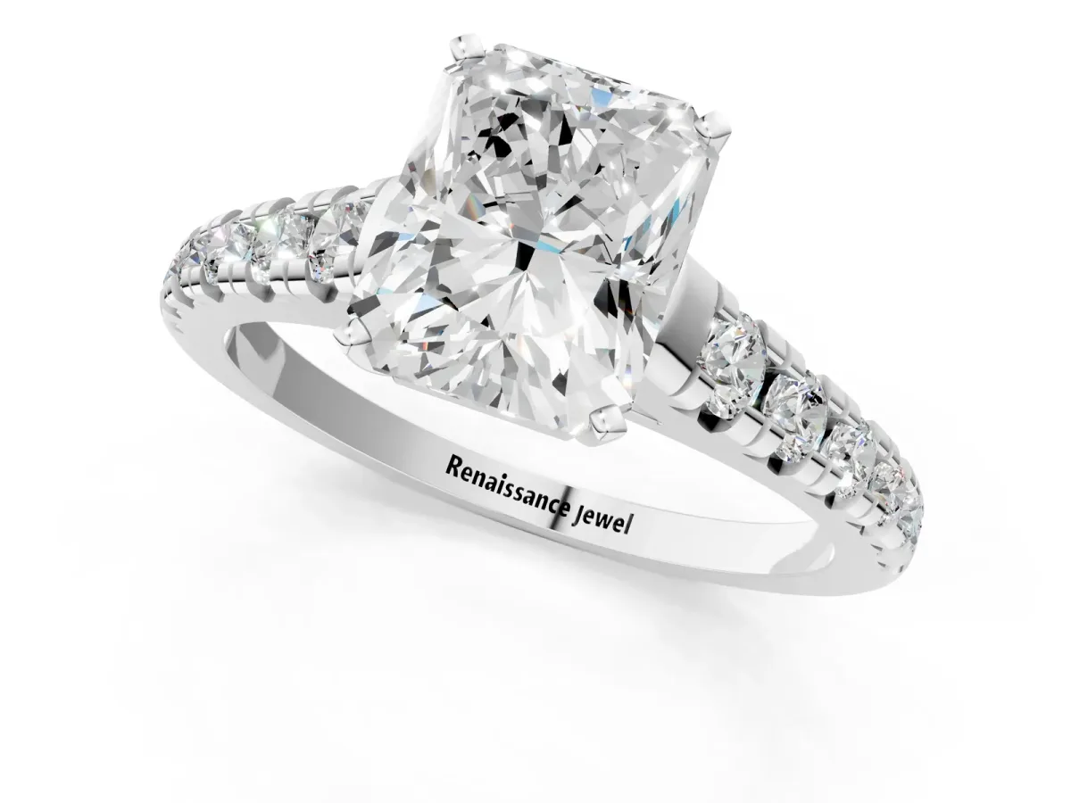 Radiant Cut Diamond Cathedral Solitaire Ring with Round Pavé Band Platinum