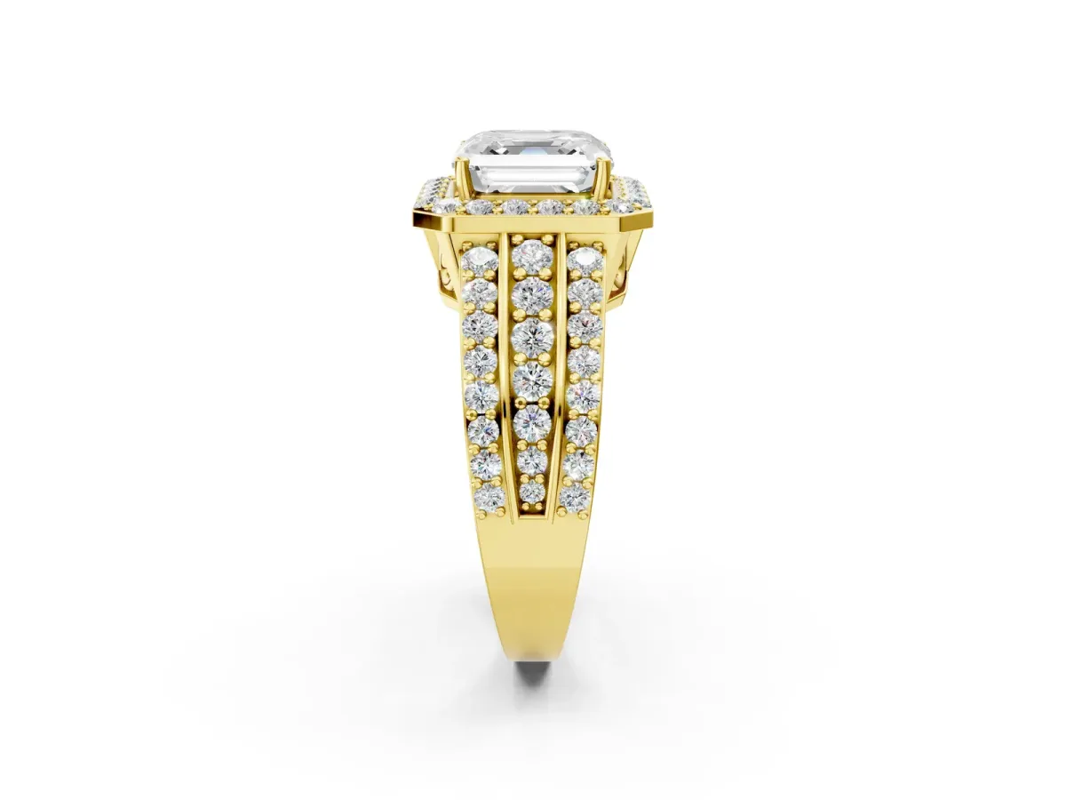 Asscher Cut Halo Diamond Ring with Round Moissanite Split Shank and Prong Setting Yellow gold
