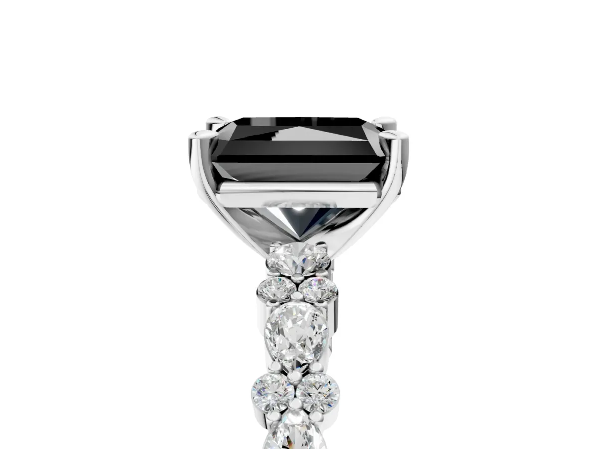Fancy Black Radiant Cut Diamond Side Stone Solitaire Ring with Round and Four-Prong Setting Platinum