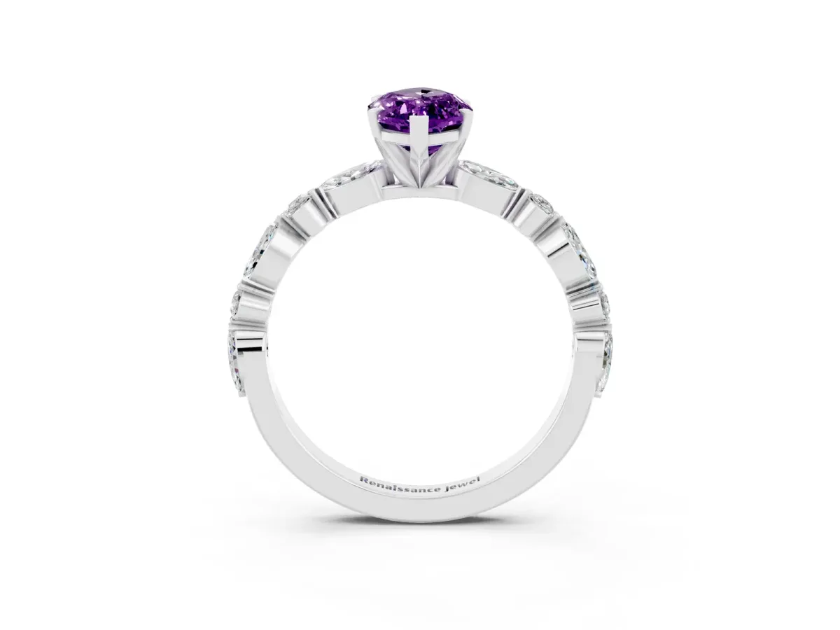 Marquise Cut Amethyst Ring with Marquise and Round Side Stones and Four-Prong Setting Platinum