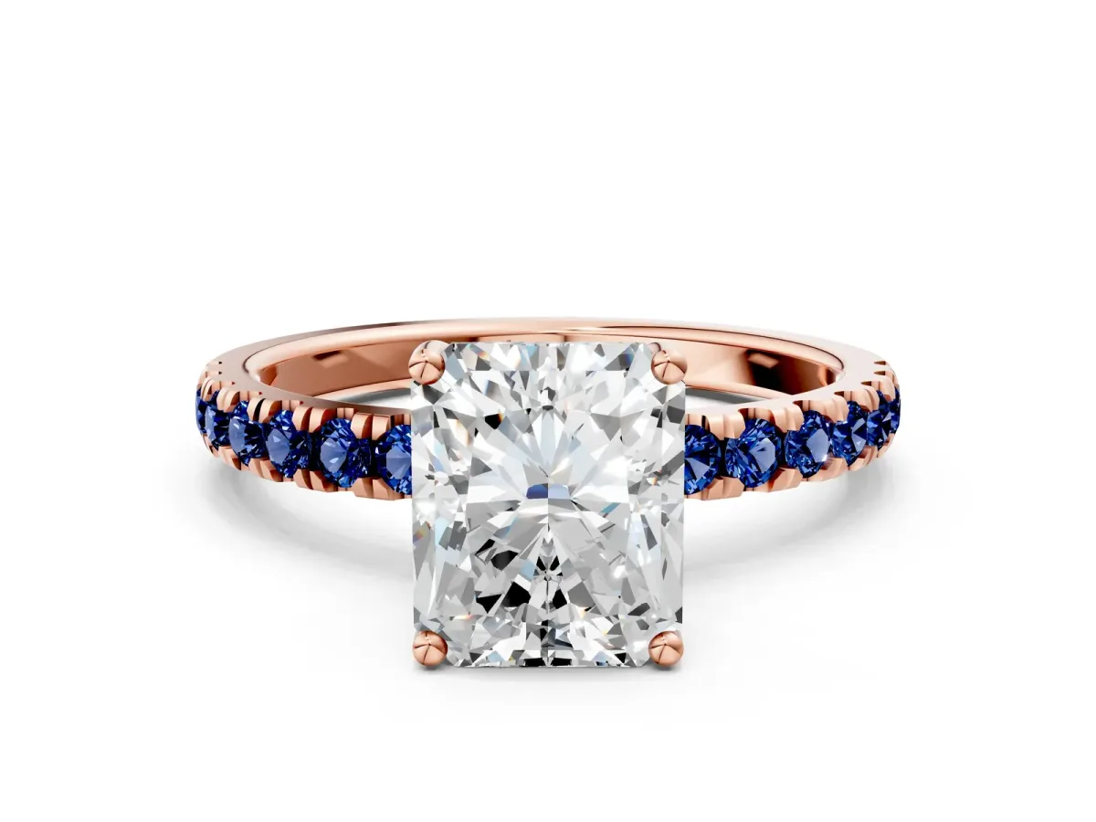 Radiant Cut Diamond Pave Band Solitaire Ring with Round Blue Sapphire and Prong Setting Rose gold