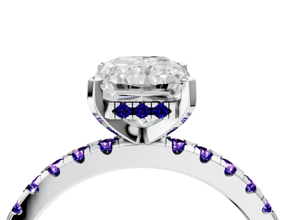 Radiant Cut Diamond Solitaire Ring with Round Tanzanite Pavé Band and Four-Prong Setting Silver