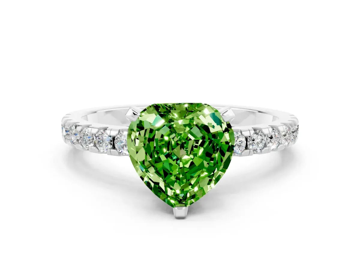 Heart Cut Peridot Solitaire Ring with Round Pavé Band and Four-Prong Setting Platinum