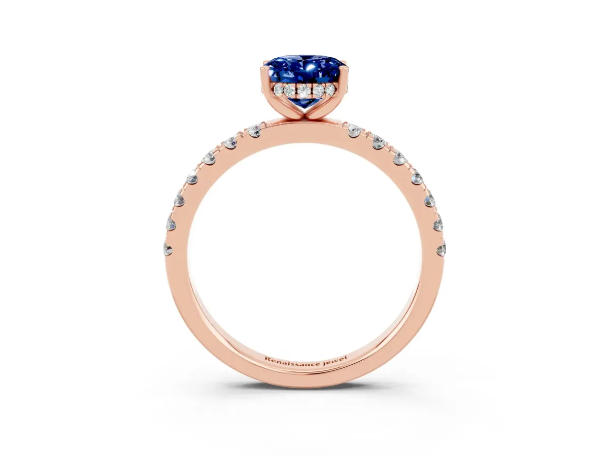 Oval Cut Blue Sapphire Pave Band Solitaire Ring with Round and Prong Setting Rose gold