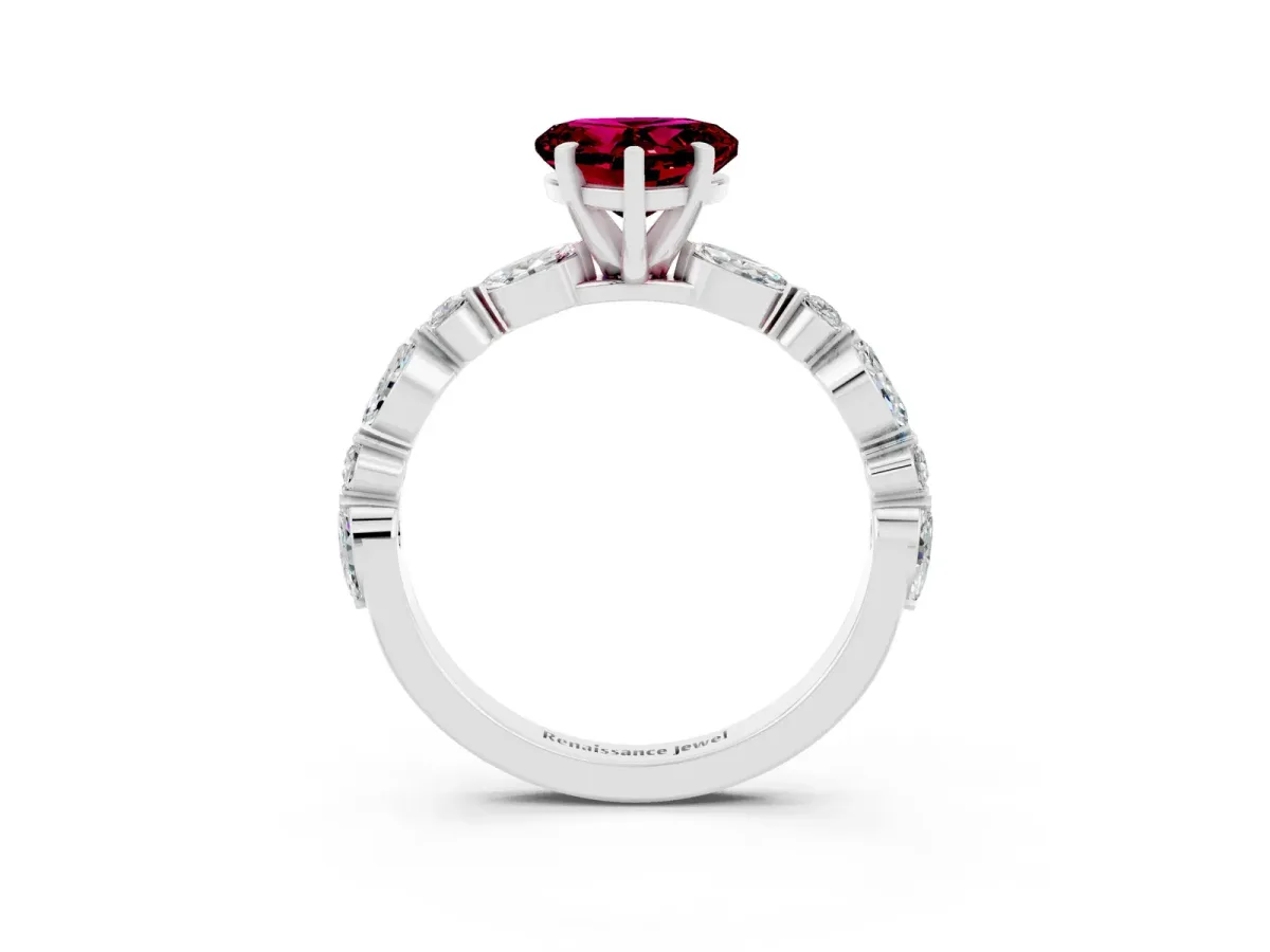 Heart Cut Garnet Ring with Marquise and Round Side Stones and Four-Prong Setting Silver