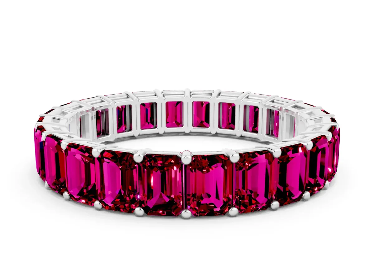 Emerald Cut Garnet Eternity Band with Shared Prong Setting Platinum