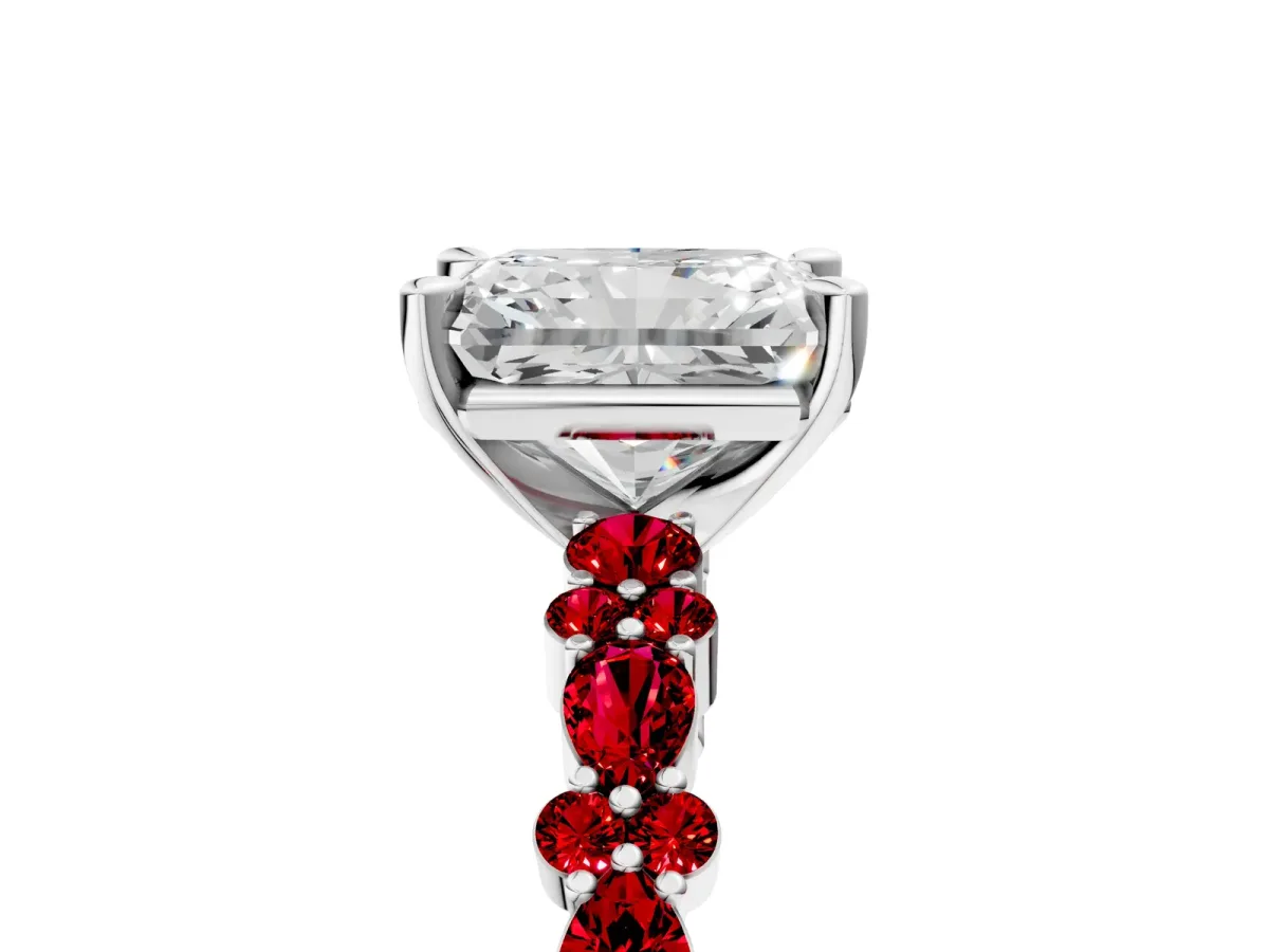 Radiant Cut Diamond Side Stone Solitaire Ring with Round Ruby and Four-Prong Setting Platinum