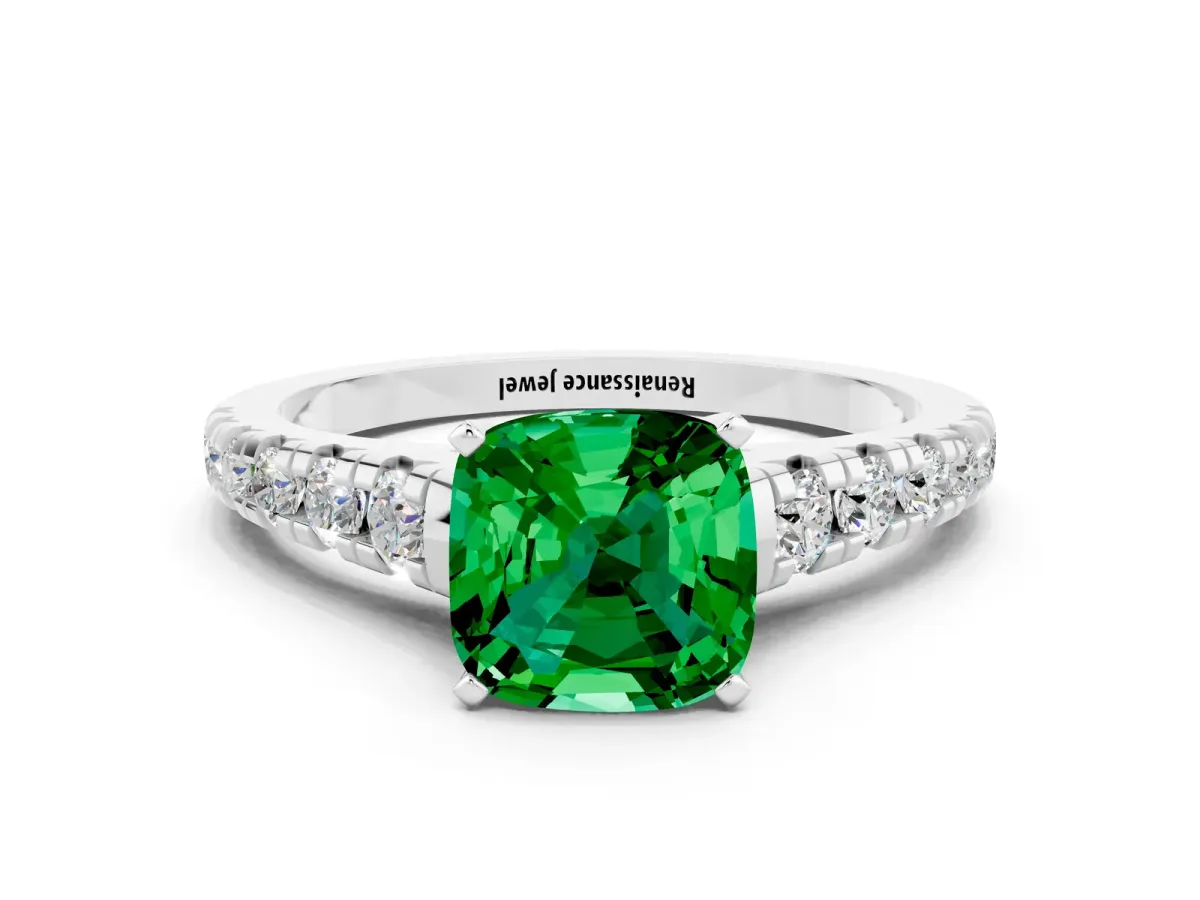 Cushion Cut Emerald Cathedral Solitaire Ring with Round Pavé Band Platinum
