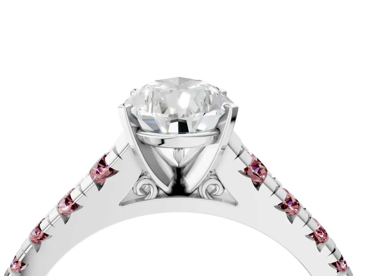 Pear Cut Diamond Cathedral Solitaire Ring with Round Morganite Pavé Band Silver