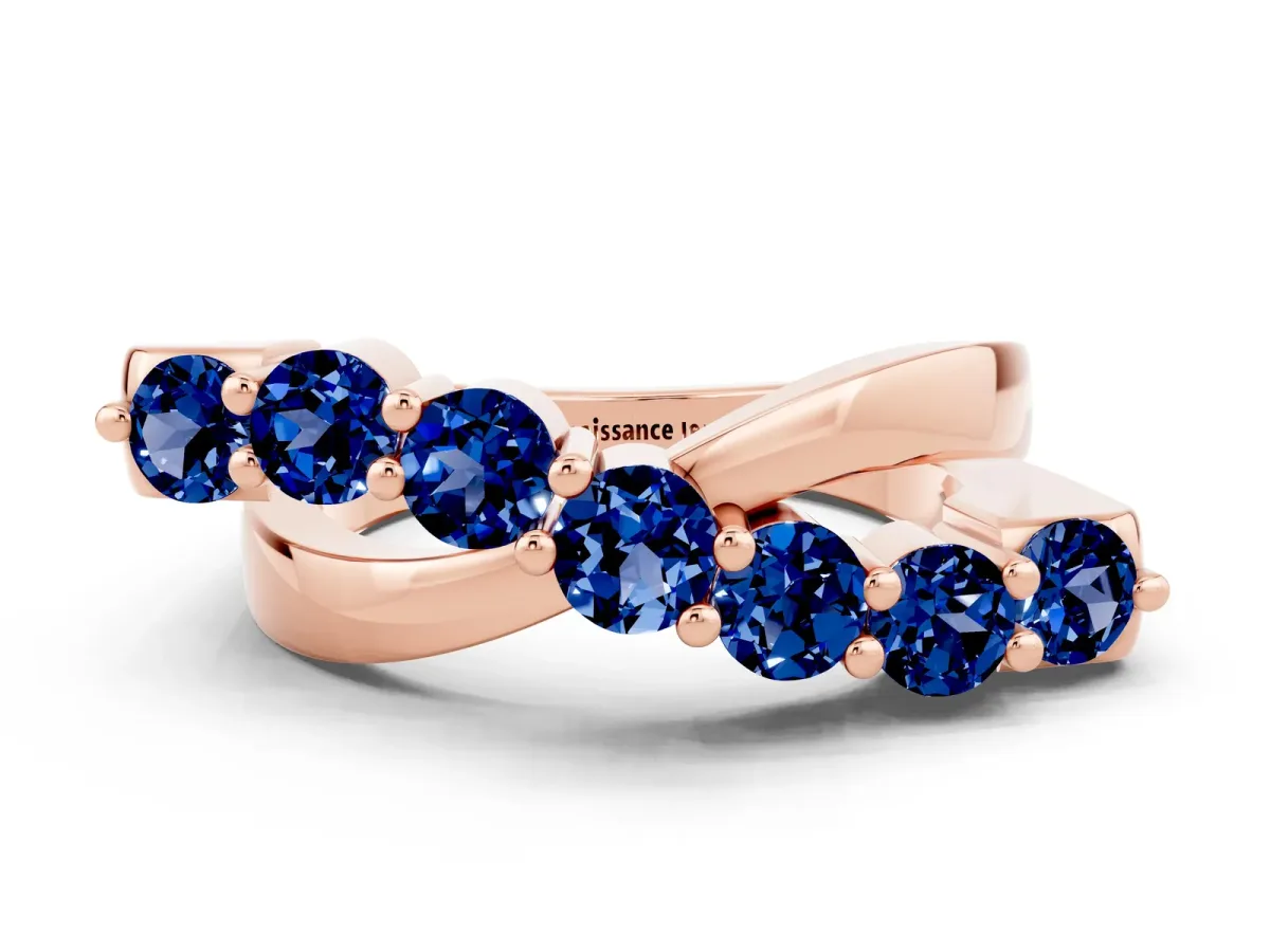 Round Blue Sapphire Prong-Set Crossover Band Rose gold
