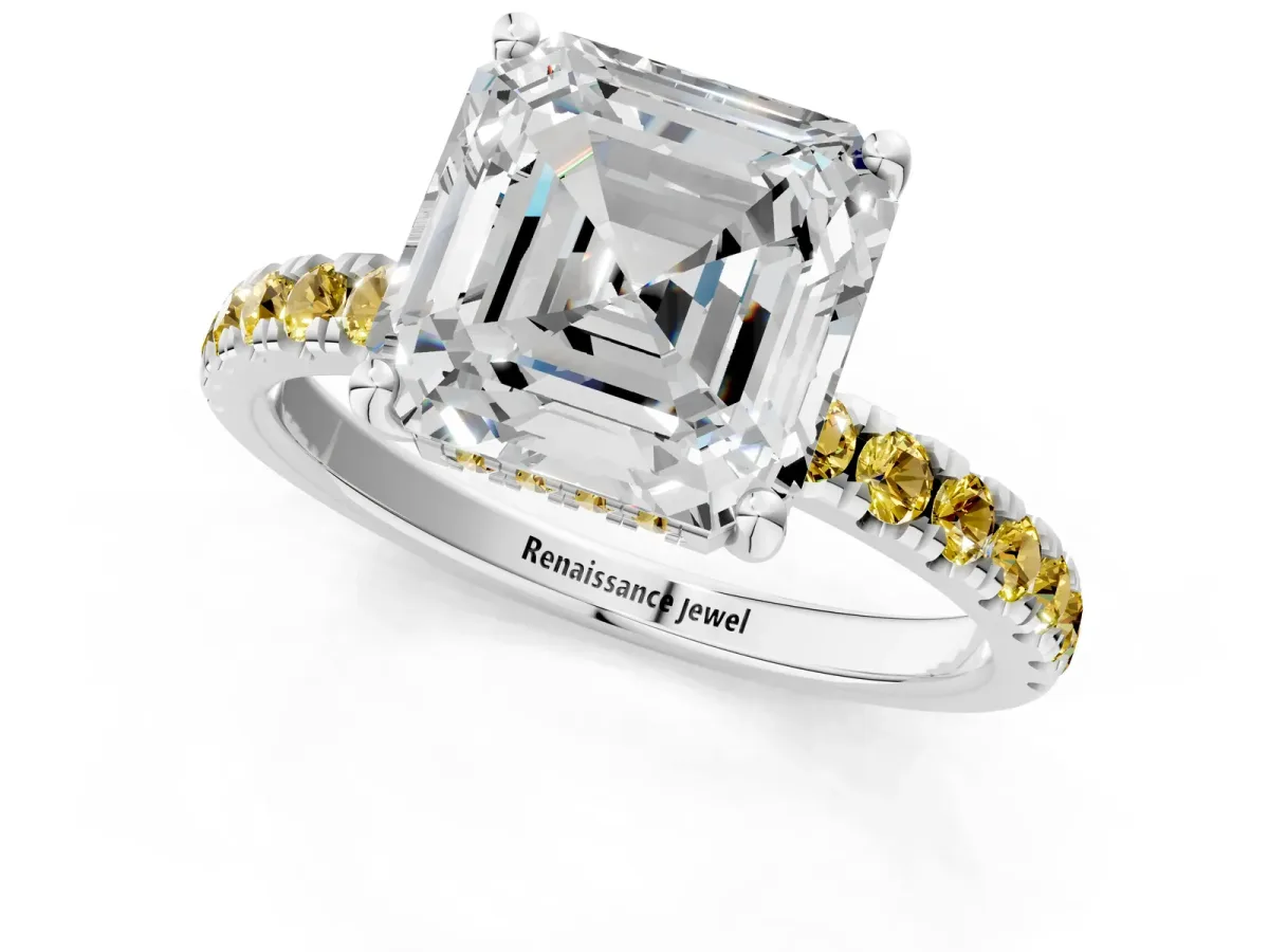 Asscher Cut Diamond Pave Band Solitaire Ring with Round Yellow Sapphire and Prong Setting Platinum