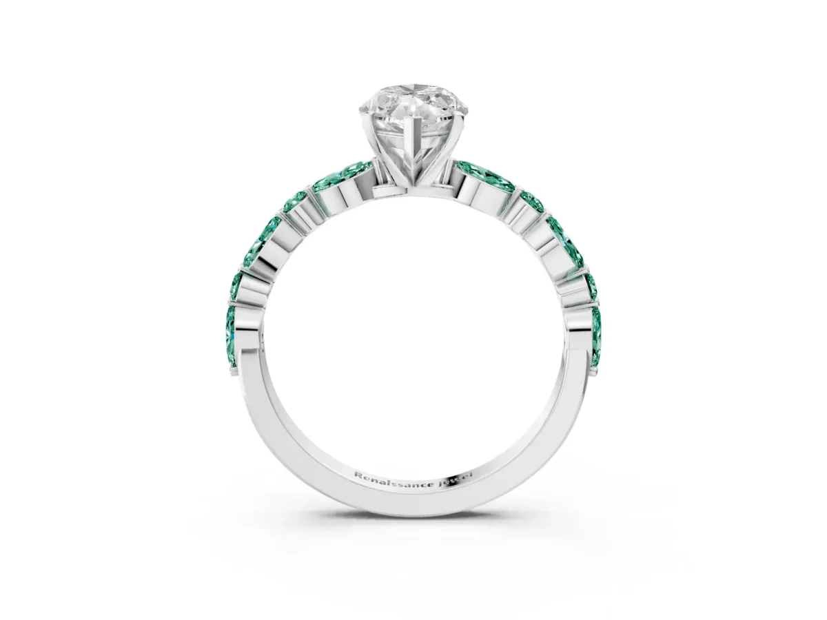 Marquise Cut Diamond Ring with Marquise and Round Green Sapphire Side Stones and Four-Prong Setting Silver