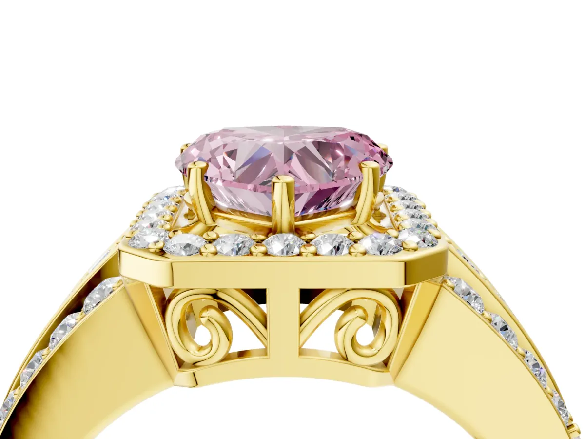 Fancy Pink Heart Cut Halo Diamond Ring with Round Split Shank and Prong Setting Yellow gold