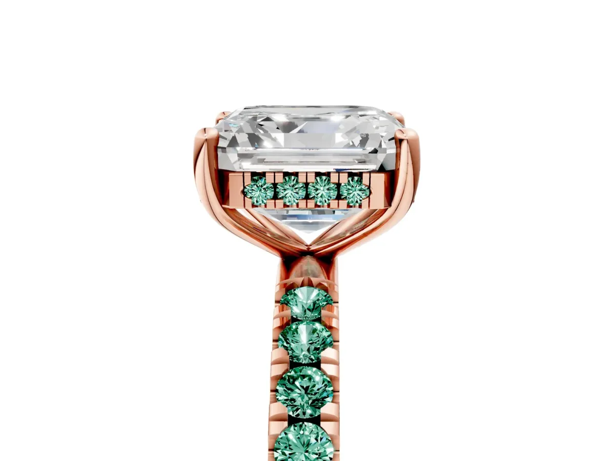 Asscher Cut Diamond Pave Band Solitaire Ring with Round Green Sapphire and Prong Setting Rose gold