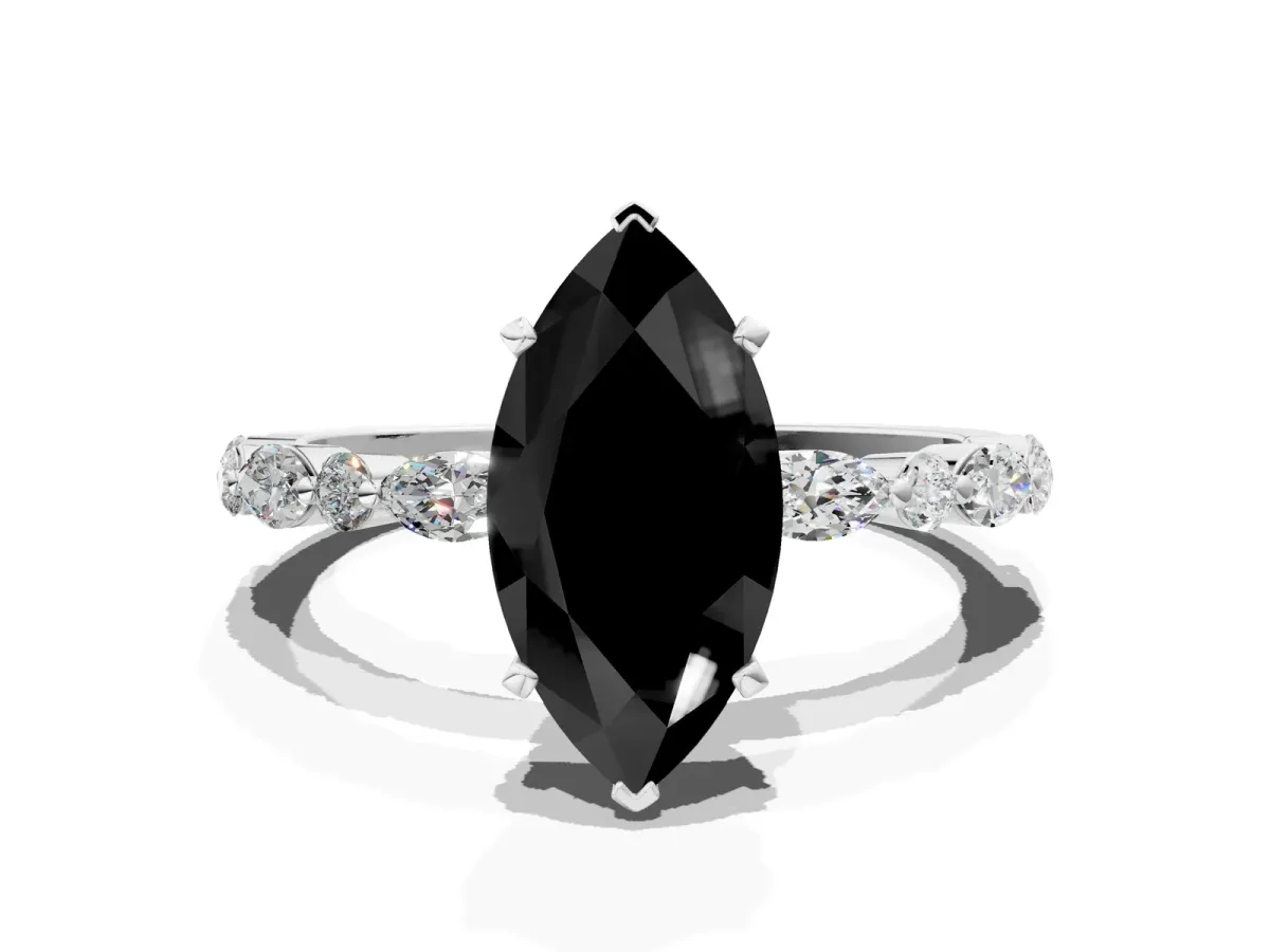 Fancy Black Marquise Cut Diamond Ring with Marquise and Round Side Stones and Four-Prong Setting Silver