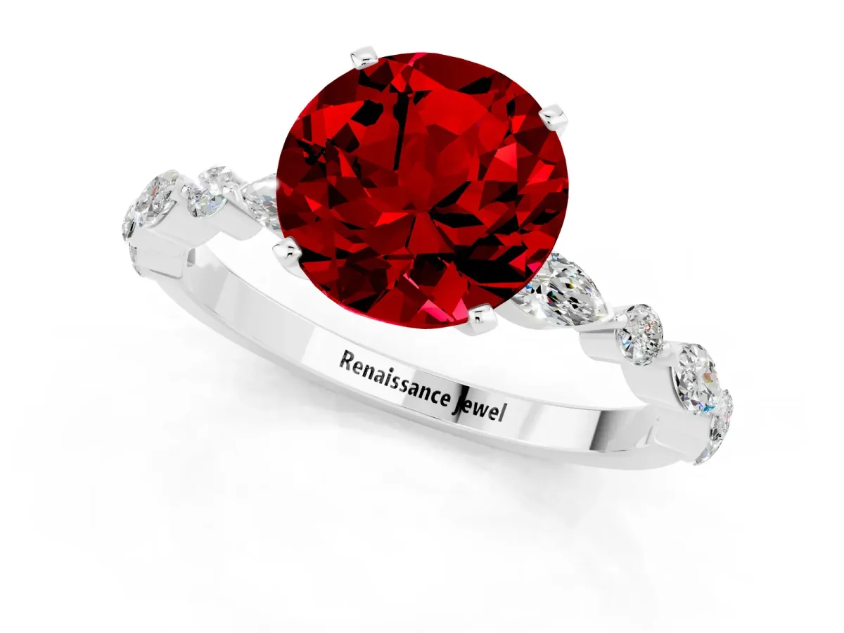 Round Cut Ruby Ring with Marquise and Round Side Stones and Four-Prong Setting Silver