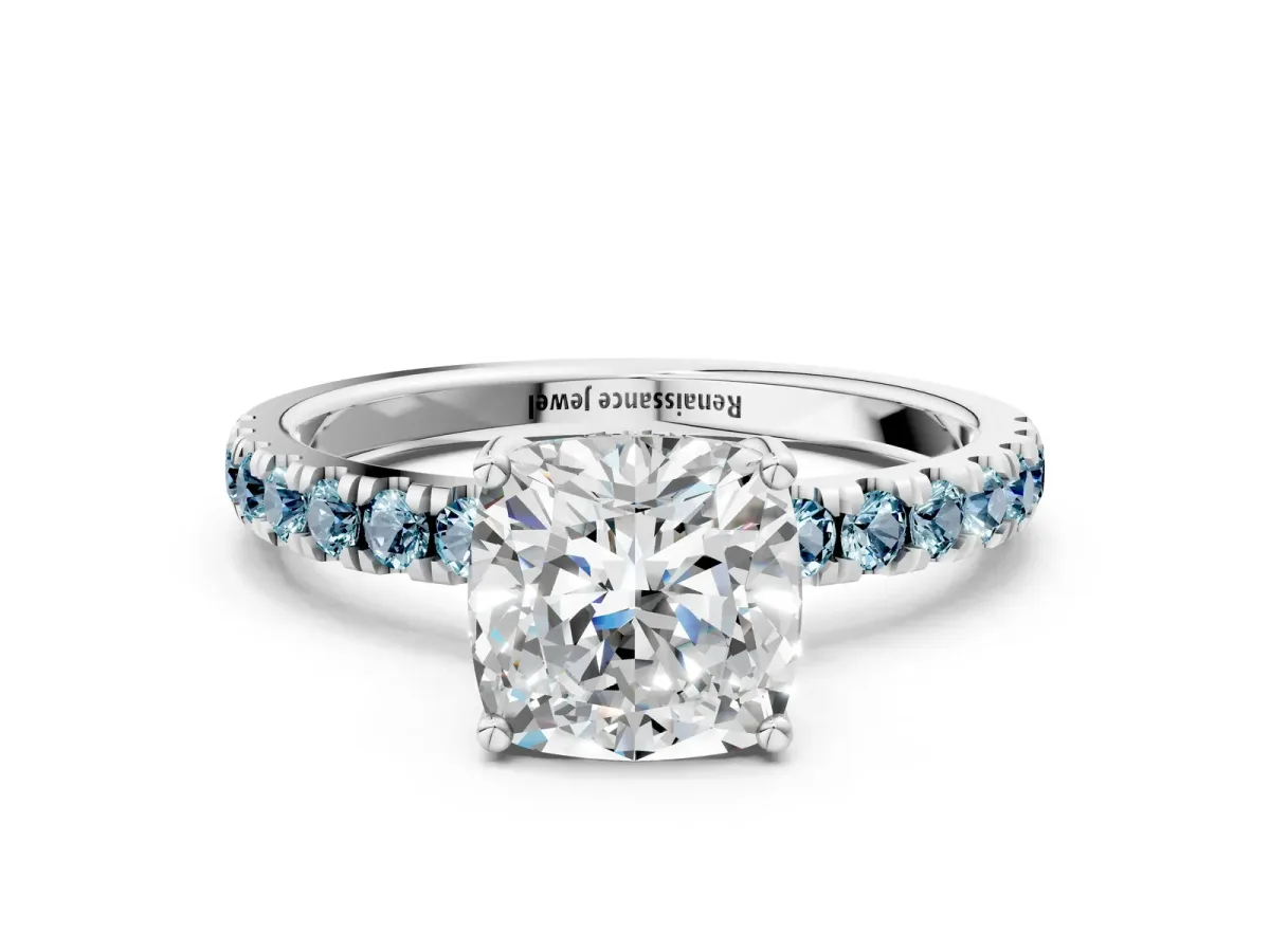 Cushion Cut Diamond Pave Band Solitaire Ring with Round Aquamarine and Prong Setting Silver