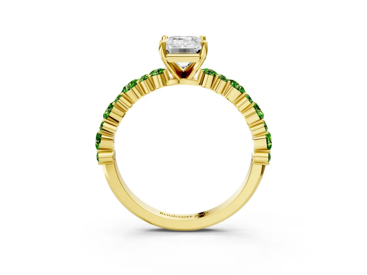Emerald Cut Diamond Side Stone Solitaire Ring with Round Peridot and Four-Prong Setting Yellow gold