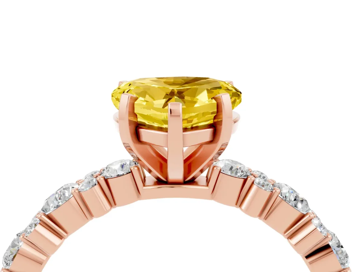Heart Cut Yellow Sapphire Side Stone Solitaire Ring with Round and Four-Prong Setting Rose gold