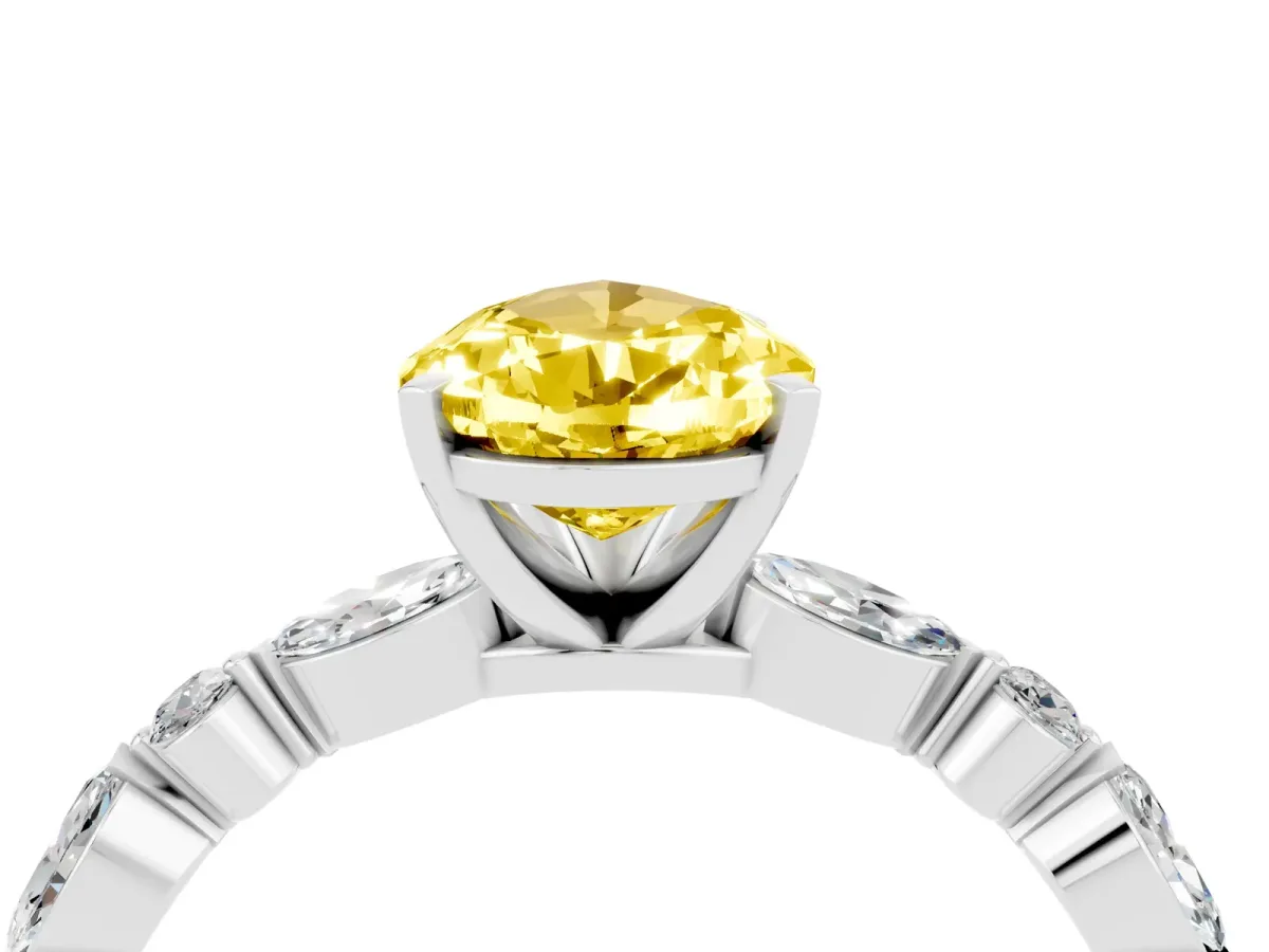 Pear Cut Yellow Sapphire Ring with Marquise and Round Side Stones and Four-Prong Setting Silver
