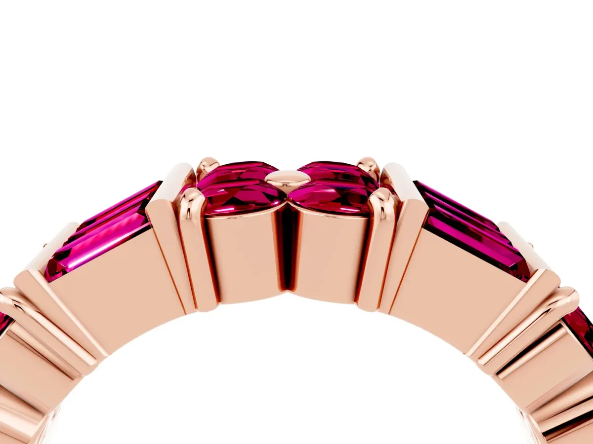Channel Set Round and Baguette Garnet Anniversary Band with Prong Setting Rose gold
