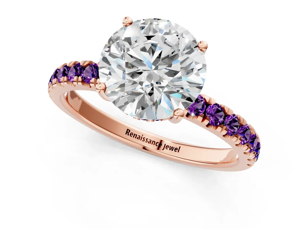 Round Cut Diamond Pave Band Solitaire Ring with Round Amethyst and Prong Setting Rose gold