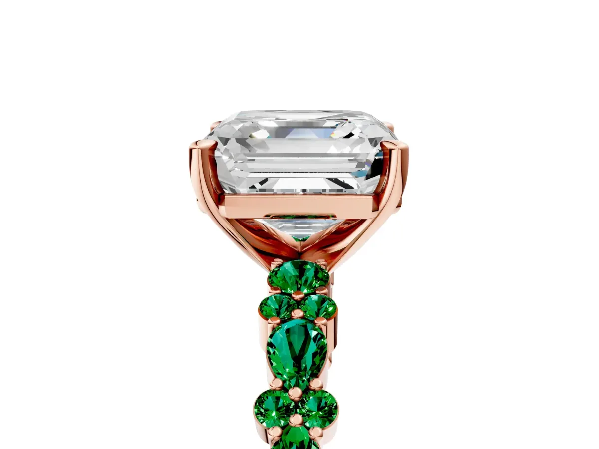 Asscher Cut Diamond Side Stone Solitaire Ring with Round Emerald and Four-Prong Setting Rose gold