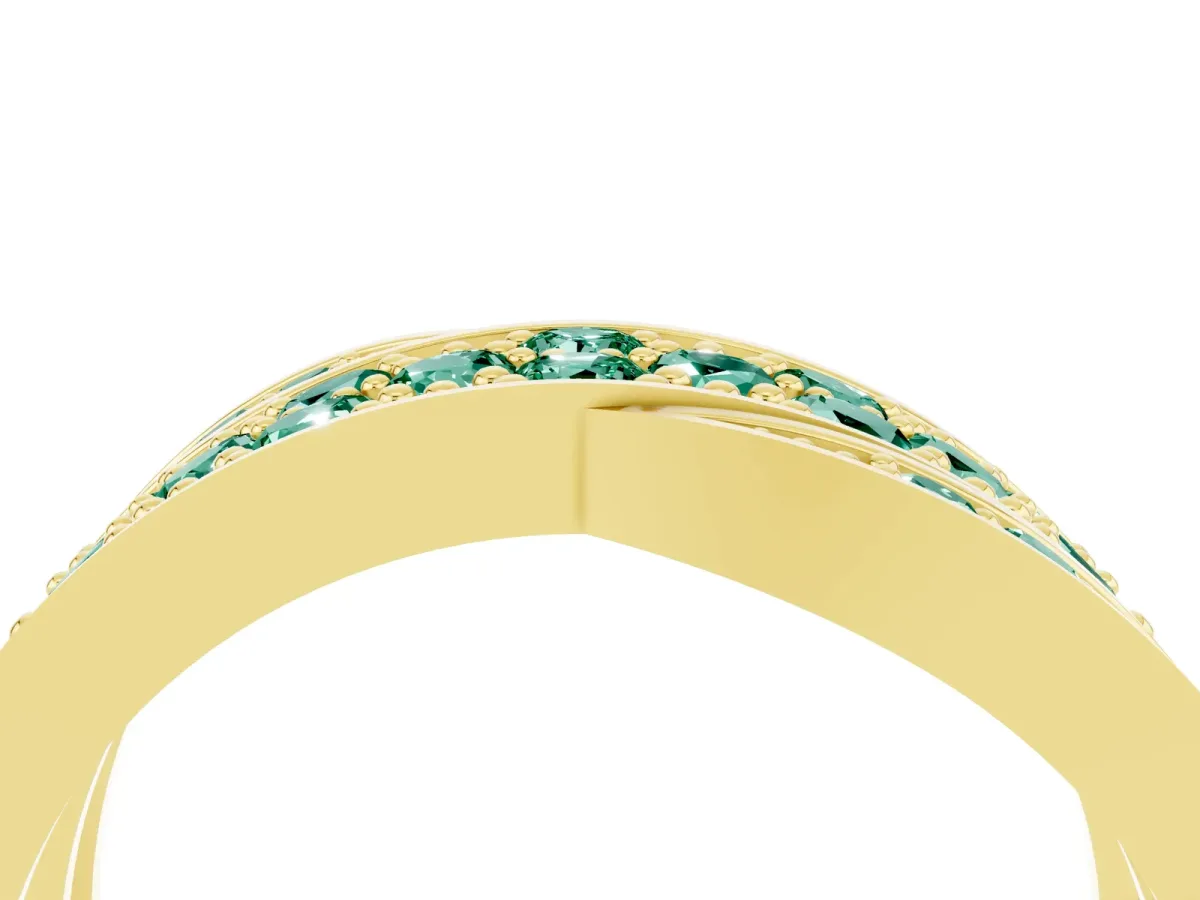 Pavé Round Green Sapphire Crossover Band with Bead Prong Setting Yellow gold